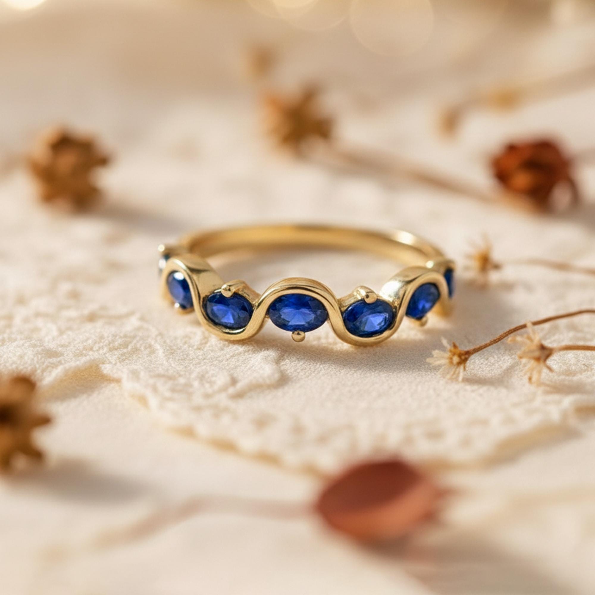 Blue Sapphire Wave Ring Half Eternity Band, Five Oval Lab Sapphire Curved Stacking Ring, September Birthstone Wedding Band Silver or Gold