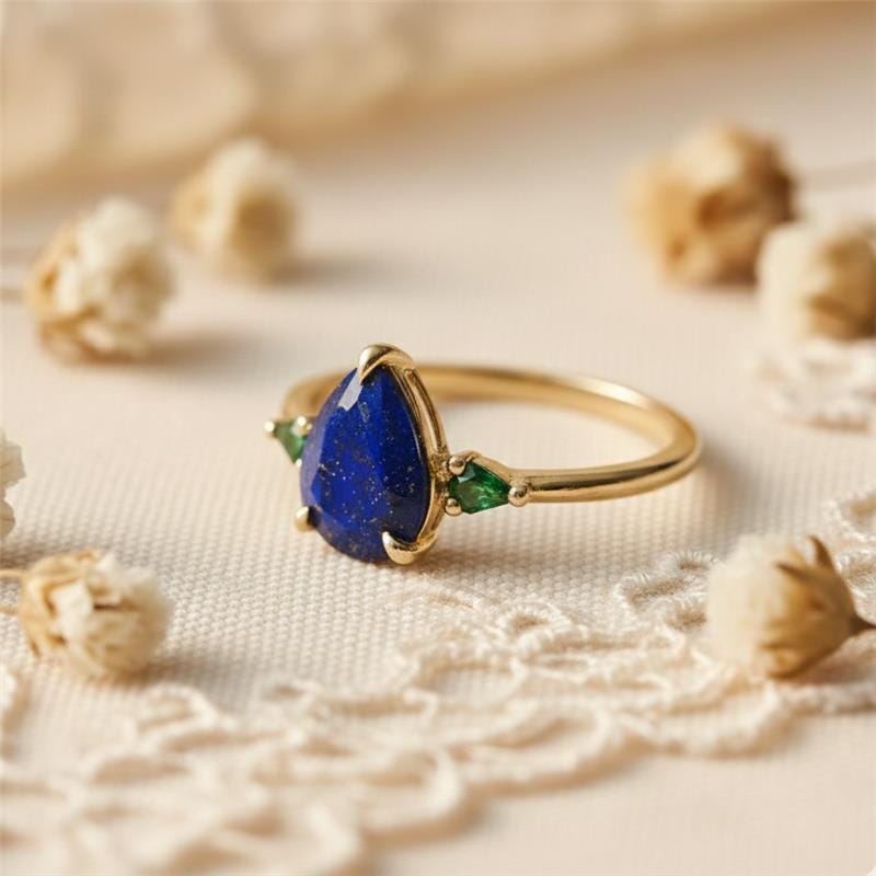 Lapis Lazuli Emerald Ring Three Gemstone Statement Ring, Pear Lapis & Kite Emerald Unique Birthstone Ring, September Birthstone Silver or Gold