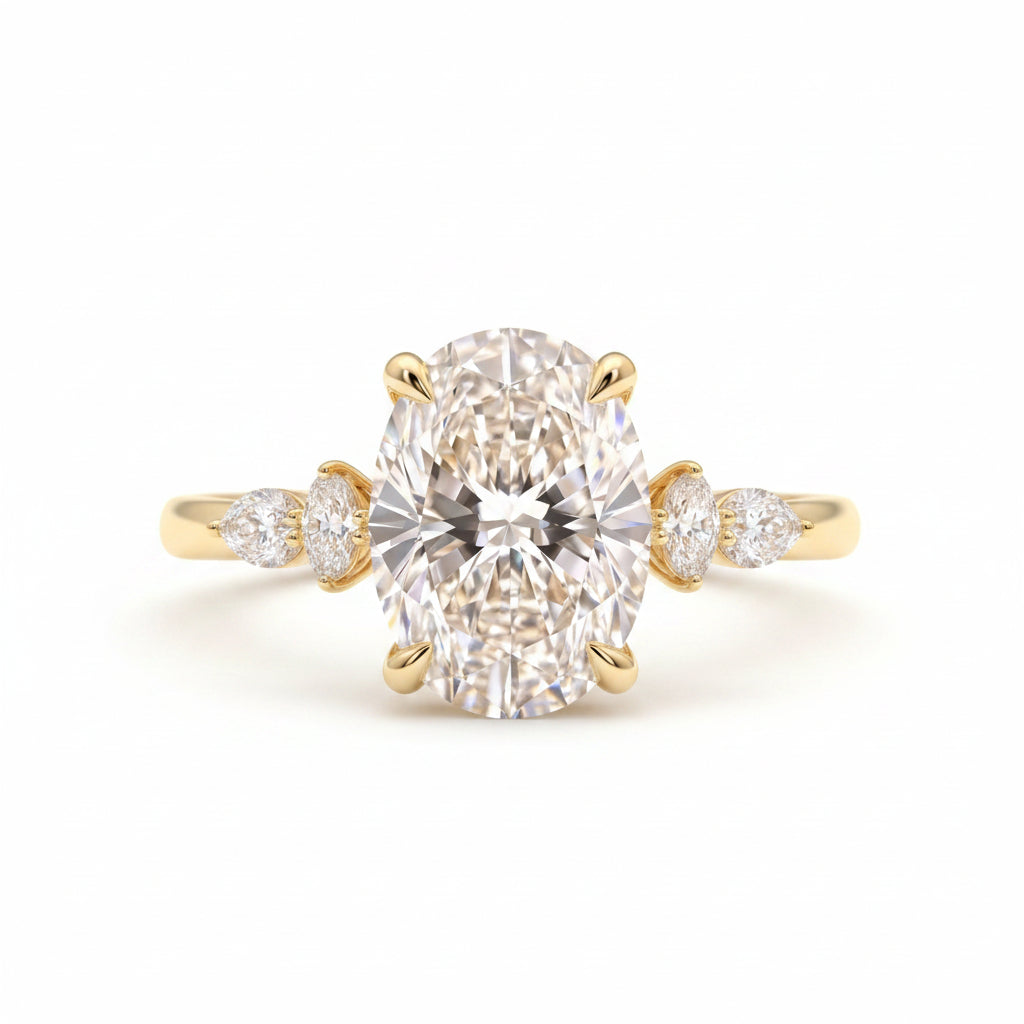 Oval Moissanite Engagement Ring Five Stone, Marquise & Pear Side Stones, Dainty Lab Diamond Alternative Ring in 14K Gold or Sterling Silver