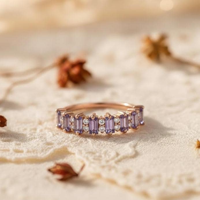 Amethyst Wedding Band Half Eternity Ring, Lab Amethyst Baguette & Round Moissanite Geometric Stacking Band, February Birthstone Dainty Ring Silver or Gold