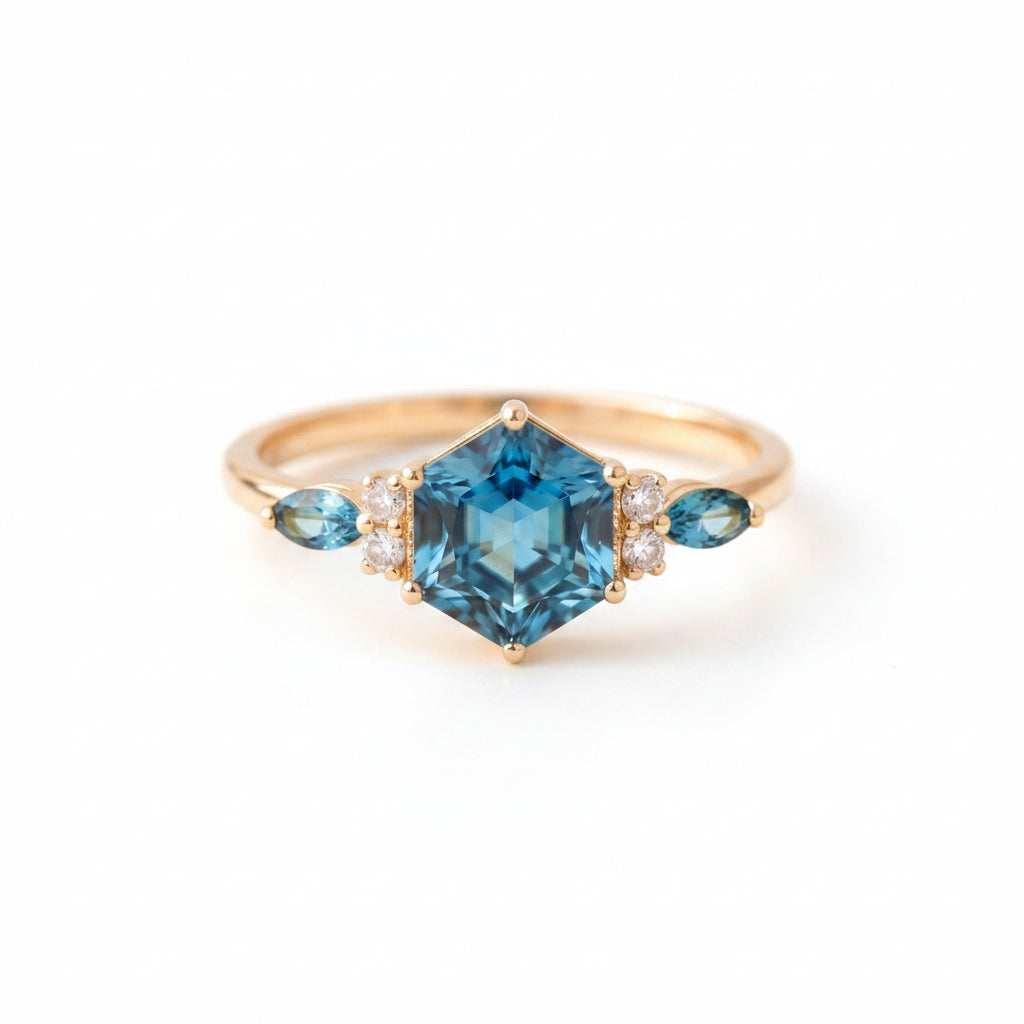 Teal Sapphire Engagement Ring Hexagon Marquise Cut, Lab Created Blue Sapphire Moissanite Ring, Vintage Promise Ring Sterling Silver or Gold