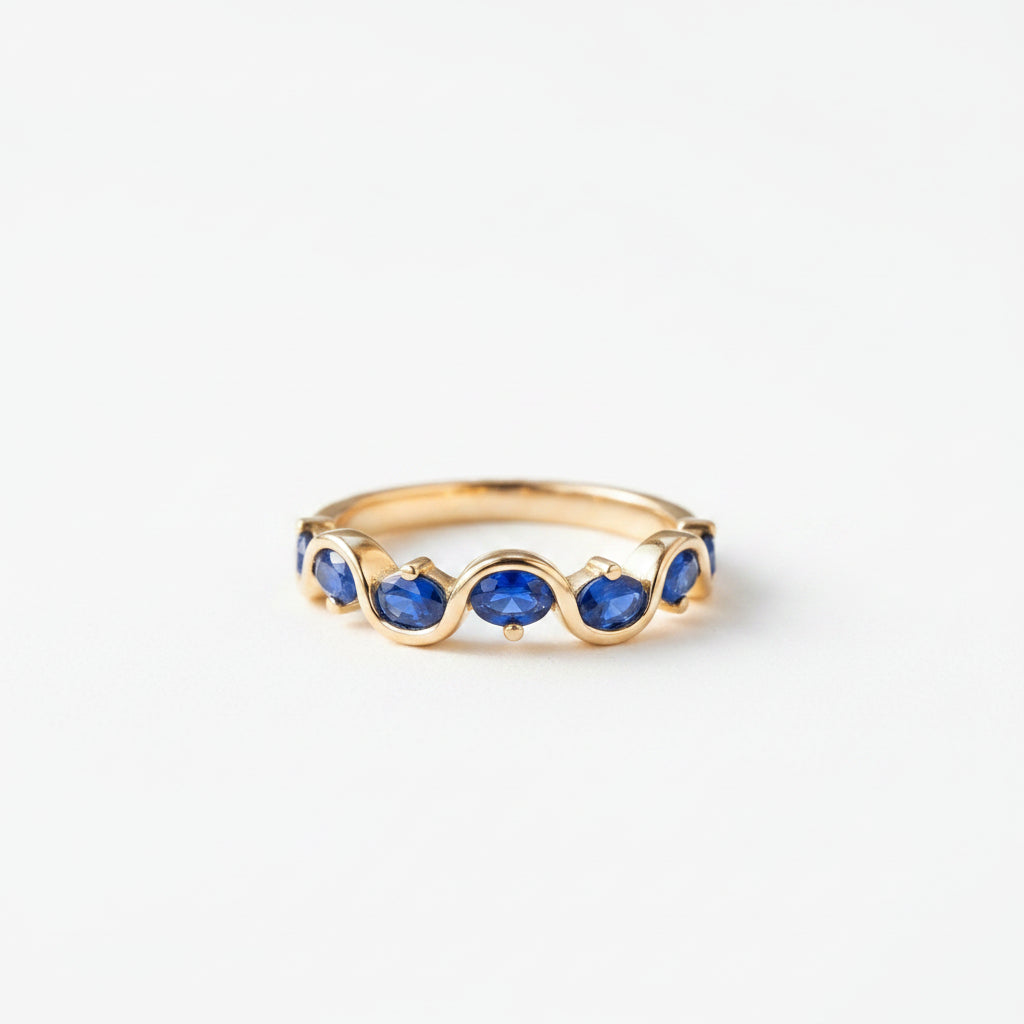 Blue Sapphire Wave Ring Half Eternity Band, Five Oval Lab Sapphire Curved Stacking Ring, September Birthstone Wedding Band Silver or Gold