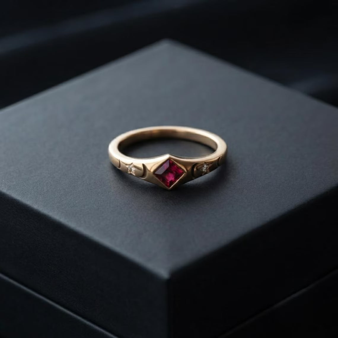 A gold ring with a central red gemstone, displayed on a dark gray box.