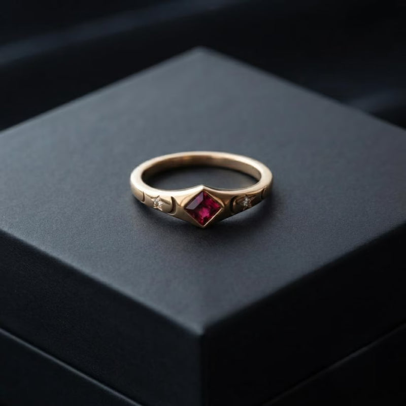 A gold ring with a central red gemstone, displayed on a dark gray box.