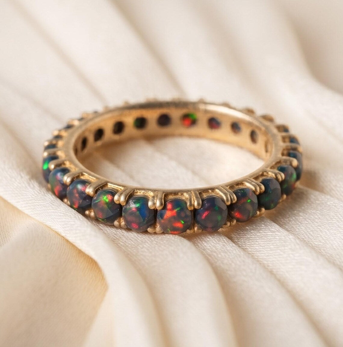 Black Opal Eternity Band Lab Fire Opal Full Eternity Ring, Black Opal Stacking Wedding Band Minimalist, October Birthstone Unique Anniversary Ring Silver or Gold