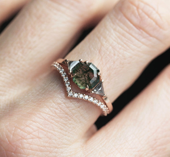 Sasha Octagon Moss Agate & Salt Pepper Diamond Ring