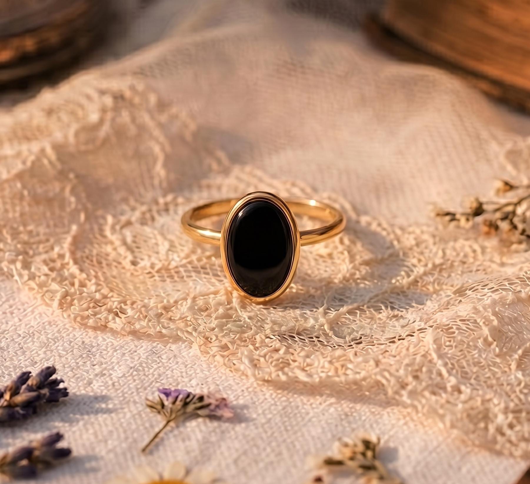 Black Onyx Ring Oval Cabochon Gold Bezel Setting, Lab Black Onyx Minimalist Statement Ring, Dark Academia Gothic Ring Silver or Gold