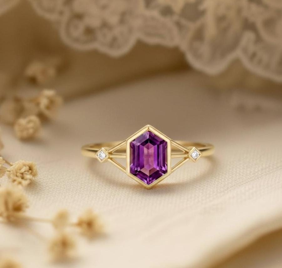 Amethyst Engagement Ring Hexagon Cut Three Stone Split Band, Lab Amethyst & Princess Moissanite Art Deco Promise Ring, February Birthstone Silver or Gold