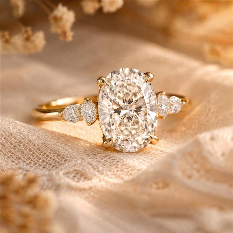 Oval Moissanite Engagement Ring Five Stone, Marquise & Pear Side Stones, Dainty Lab Diamond Alternative Ring in 14K Gold or Sterling Silver
