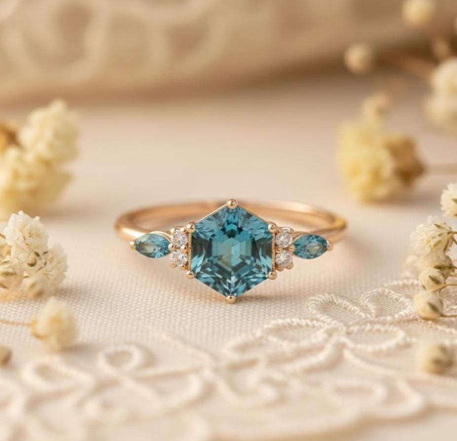 Teal Sapphire Engagement Ring Hexagon Marquise Cut, Lab Created Blue Sapphire Moissanite Ring, Vintage Promise Ring Sterling Silver or Gold