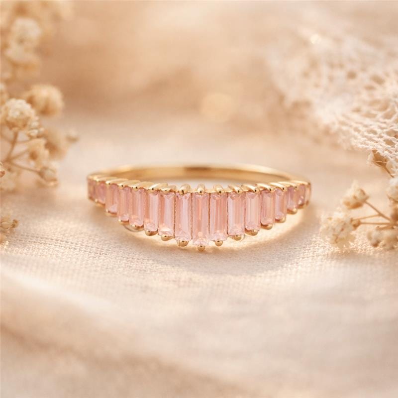 Rose Quartz Engagement Ring Baguette Cut Chandelier Setting, Lab Pink Gemstone Vintage Promise Ring, January Birthstone Ring Silver or Gold