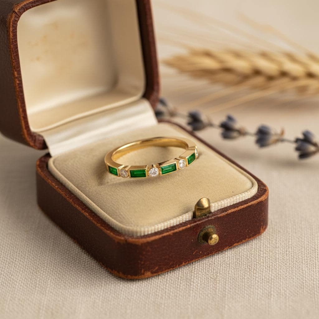 Gold ring with green gemstones in a jewelry box on a textured surface