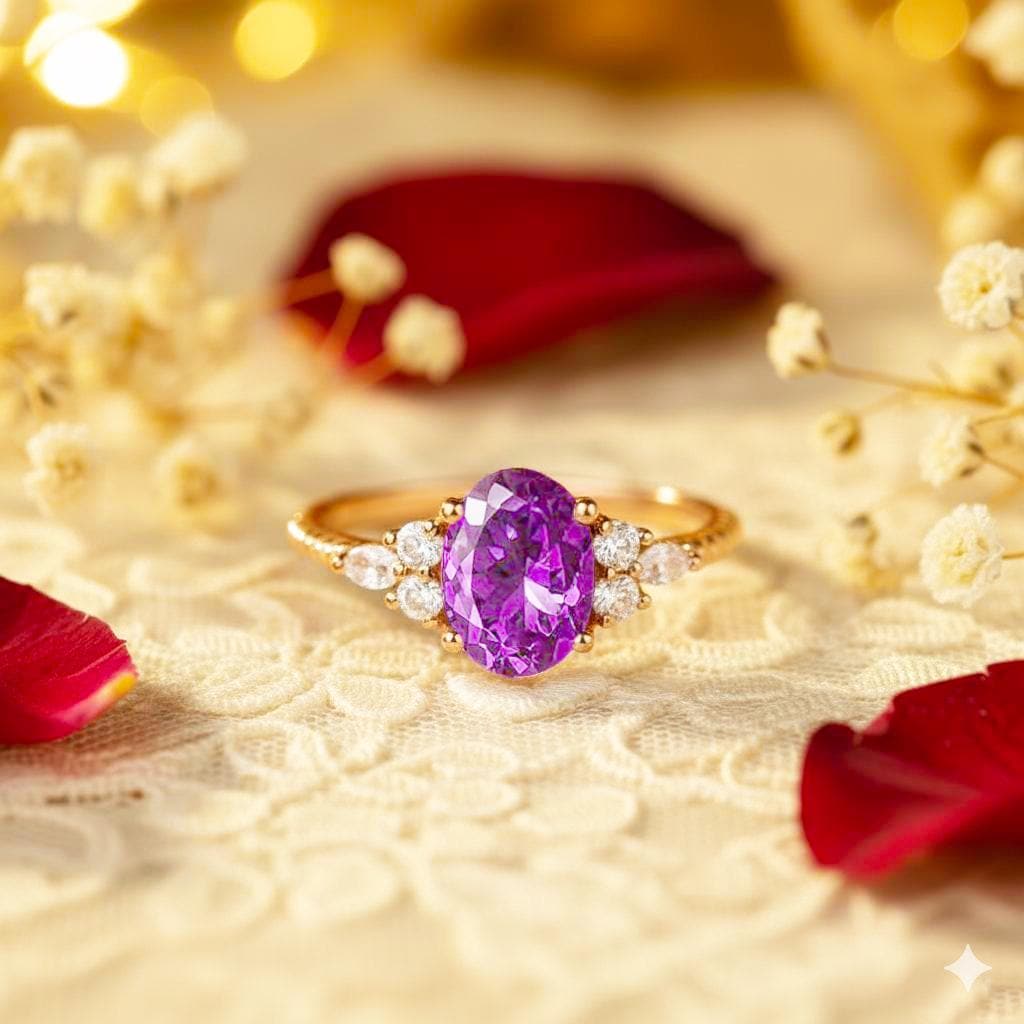 Lavender Amethyst Ring Oval Cut Engagement Ring, Lab Amethyst & Moissanite Cluster Milgrain Band, February Birthstone Vintage Promise Ring Silver or Gold