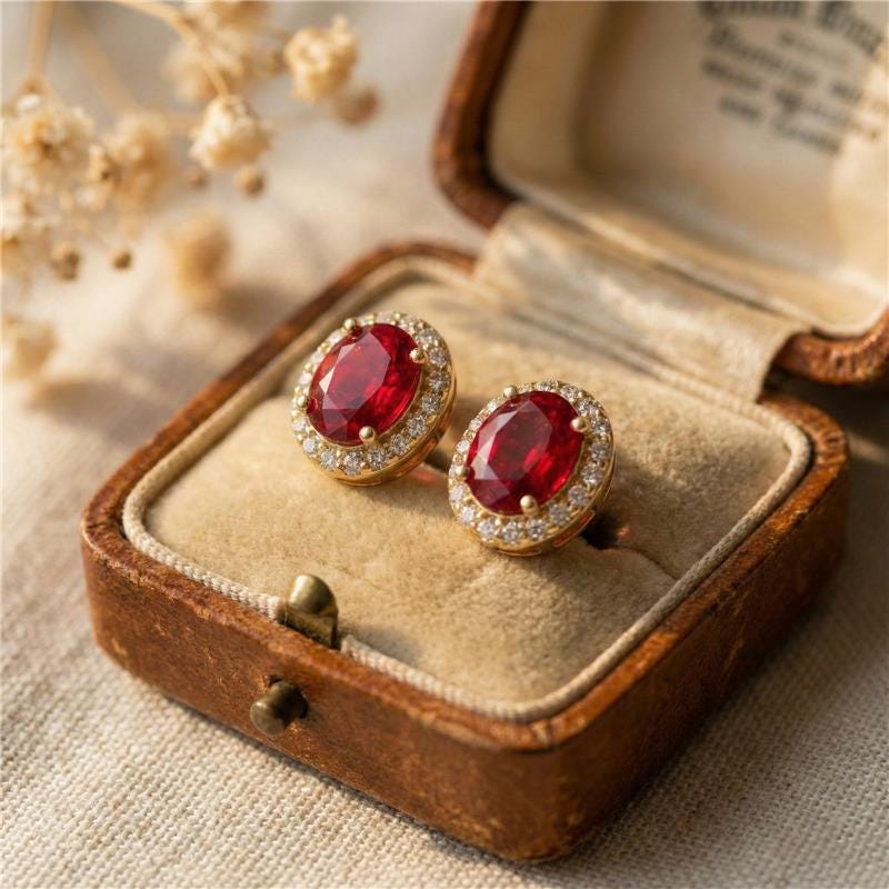 Garnet Stud Earrings Oval Cut Moissanite Halo Art Deco Setting, Lab Red Garnet January Birthstone Earrings, Bridal Stud Earrings Silver or Gold