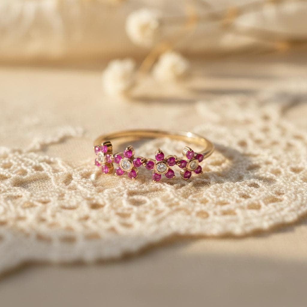 Pink Sapphire Wedding Band Floral Half Eternity Ring, Lab Pink Sapphire & Moissanite Flower Band, September Birthstone Dainty Stacking Ring Silver or Gold
