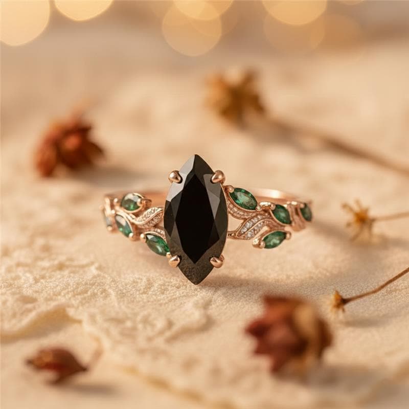 Black Onyx Engagement Ring Marquise Cut Emerald Leaf Band, Lab Black Onyx Gothic Vintage Promise Ring, Nature Inspired Botanical Ring Silver or Gold