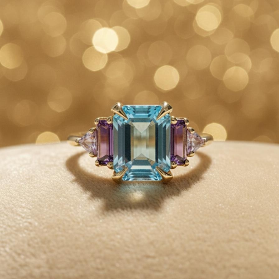 Aquamarine Engagement Ring Emerald Cut Art Deco, Lab Aquamarine & Amethyst Baguette Three Stone Ring, March Birthstone Promise Ring Silver or Gold
