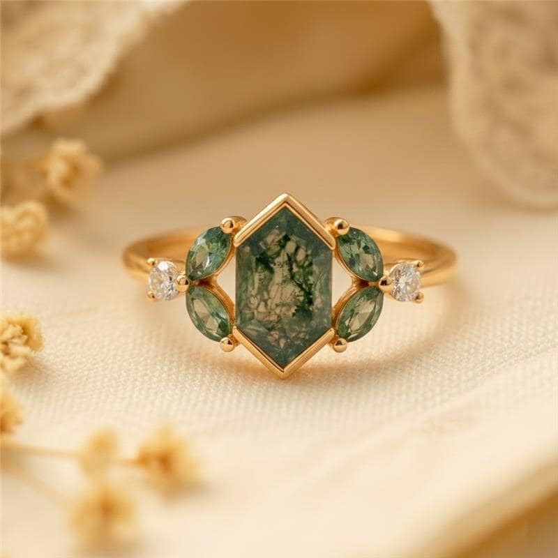 Moss Agate Engagement Ring Hexagon Cut Lab Green Gemstone, Marquise Leaf Band Moissanite Accents, Nature Inspired Boho Wedding Ring Silver or Gold