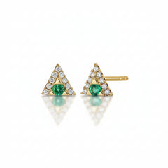 A pair of gold triangle stud earrings with a central green emerald and a border of small clear stones, shown on a white background with a faint watermark pattern.