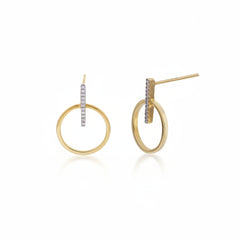 A pair of gold hoop earrings with a vertical bar studded with small clear stones, shown on a white background with a faint diagonal watermark pattern.