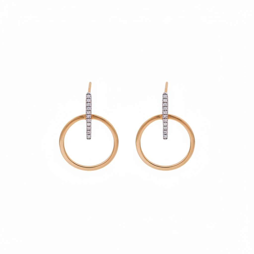 A pair of gold hoop earrings with a vertical bar of small clear stones at the top, shown on a white background with a faint diagonal watermark pattern.
