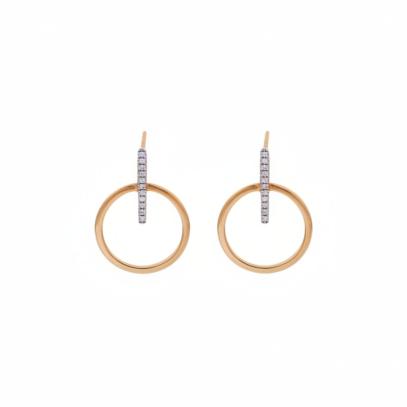 A pair of gold hoop earrings with a vertical bar of small clear stones at the top, shown on a white background with a faint diagonal watermark pattern.