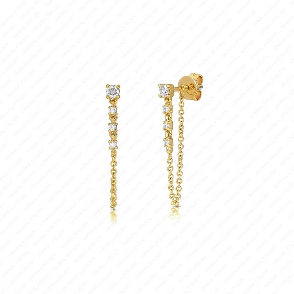 Convertible Drop Chain Four Diamond Studs Solid 14k Yellow Gold Dainty Studs Earring For Woman Lab Grown Diamond Handmade Jewelry For Bridal