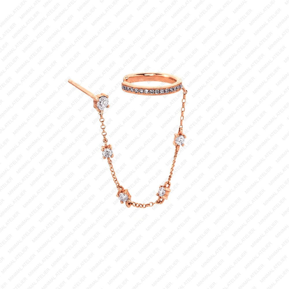 Stud to Cuff Chain Earring with Lab Diamond or Moissanite | Single Ear Cuff