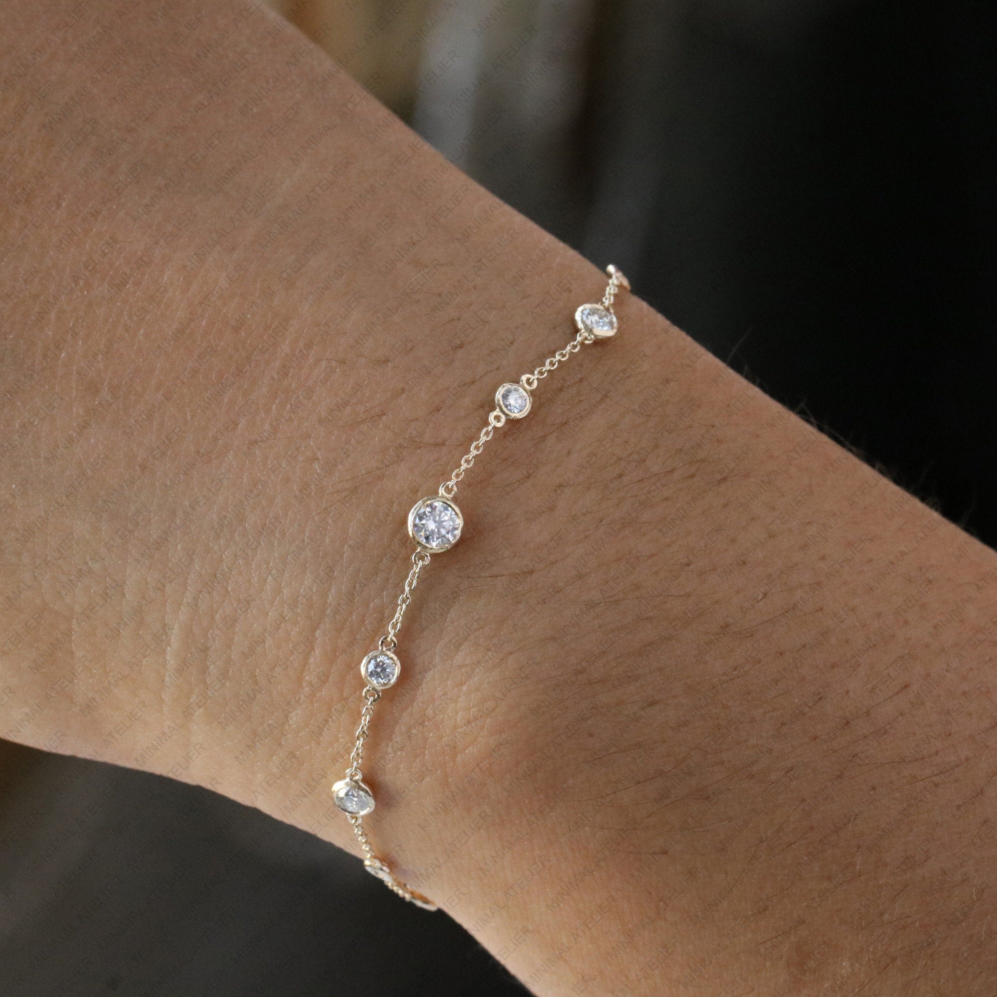 Moissanite Bezel Set Diamond by the Yard Bracelet in Silver, Dainty Solitaire Chain Bracelet | Minimalist Gift for Her
