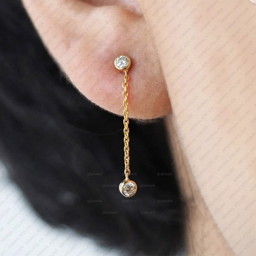 Moissanite Chain Drop Earrings in Gold, Dainty Bezel Dangle Studs | Minimalist Gift for Her