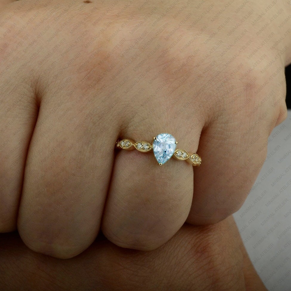 Pear Cut Aquamarine Ring | Moissanite or CZ Side Stones | 925 Silver & Gold | SKU 20118