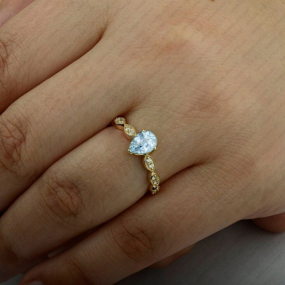 Pear Cut Aquamarine Ring | Moissanite or CZ Side Stones | 925 Silver & Gold | SKU 20118