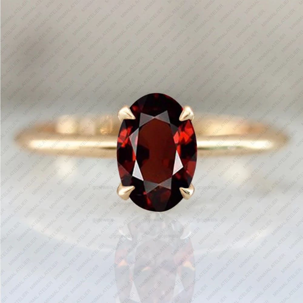 Oval Garnet Solitaire Ring | January Birthstone | 925 Silver & Gold Plated