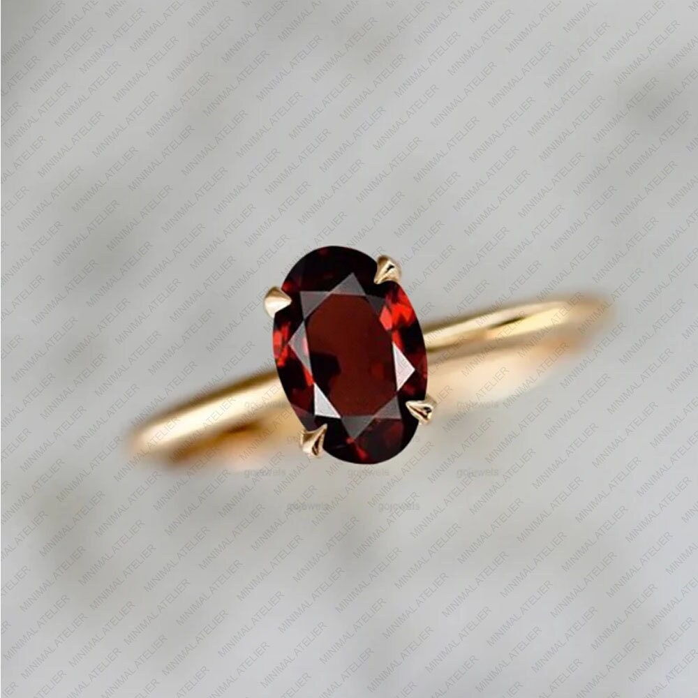 Oval Garnet Solitaire Ring | January Birthstone | 925 Silver & Gold Plated