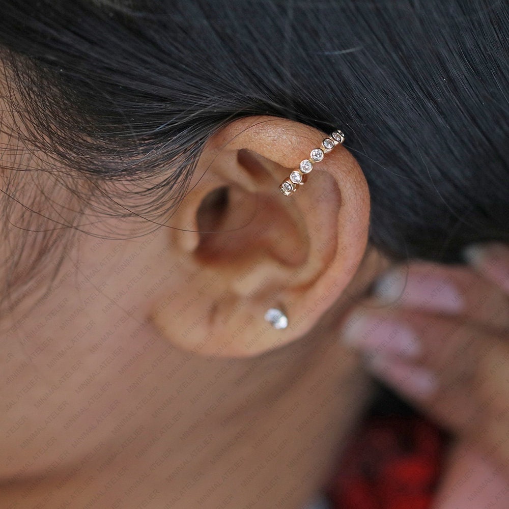 Bezel Set Moissanite & Lab Diamond Ear Cuff | Open Helix Hoop Earring
