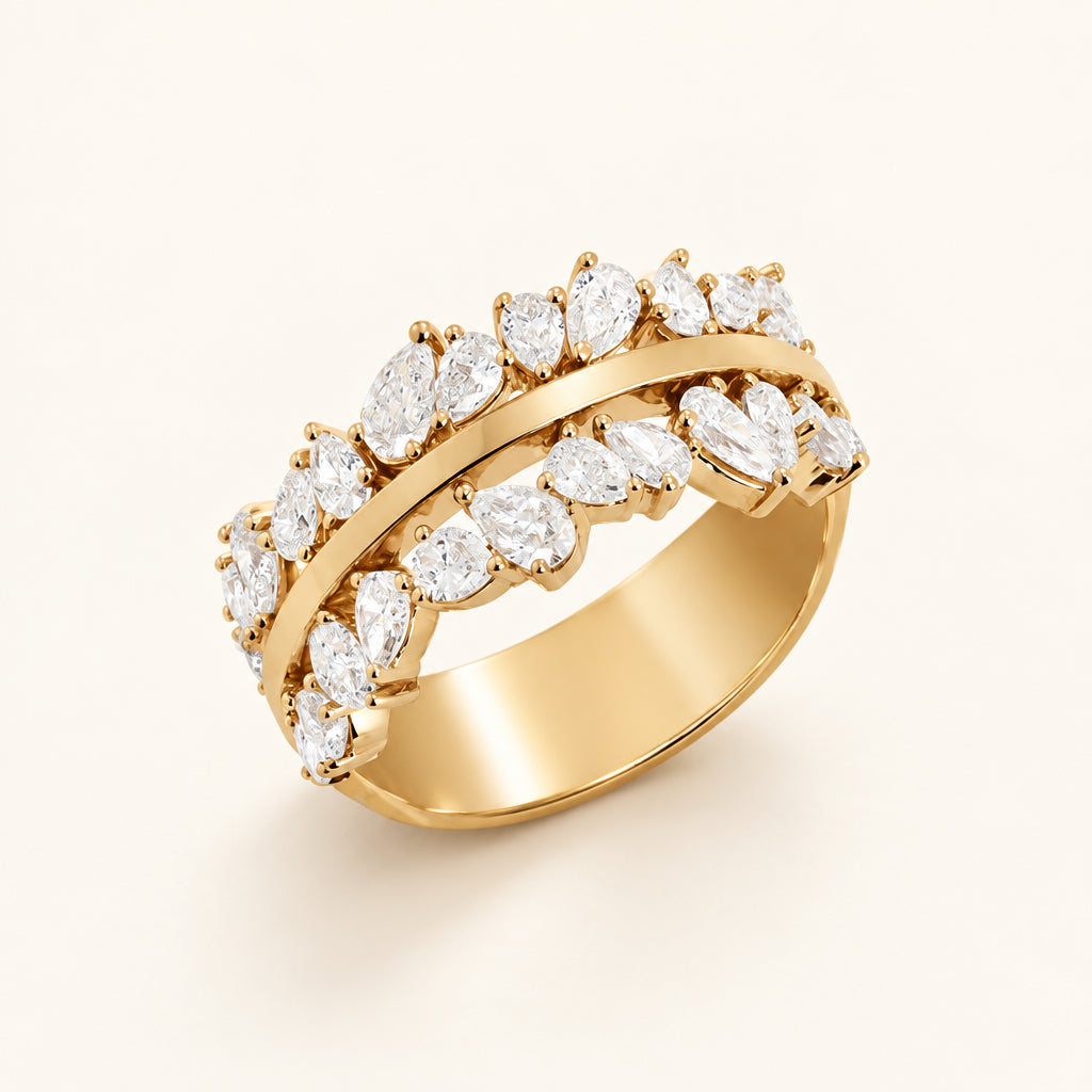 1.22 Ct Pear Cut Moissanite Band Ring | 26-Stone Two-Row Band | 925 Silver & Gold | SKU 20116