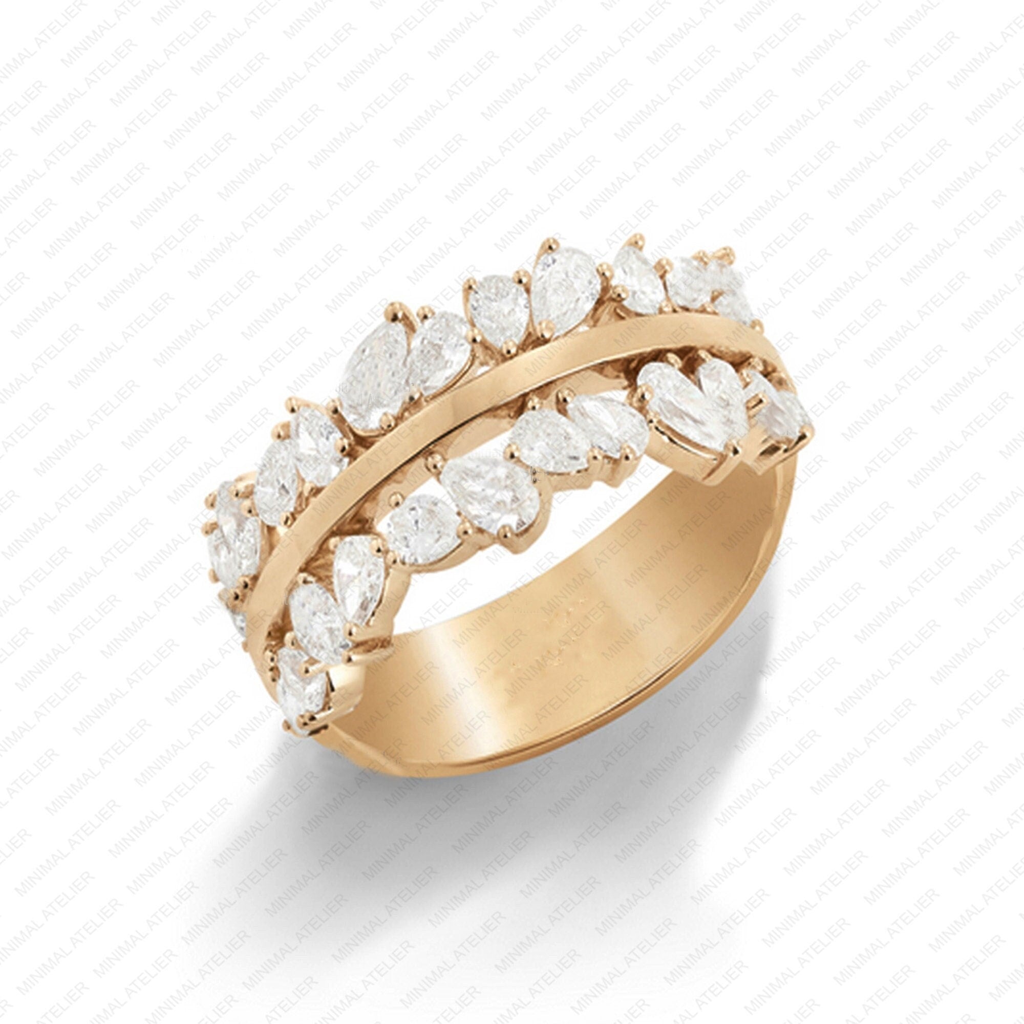 1.22 Ct Pear Cut Moissanite Band Ring | 26-Stone Two-Row Band | 925 Silver & Gold | SKU 20116
