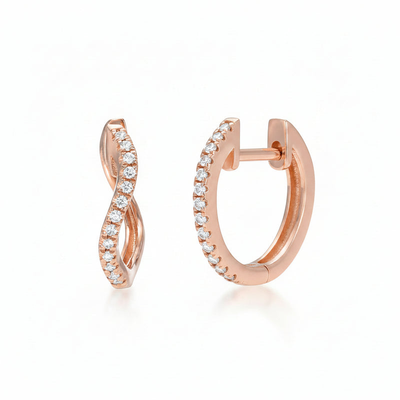 Rose gold hoop earrings, one shown as a full hoop with small clear stones along the front curve and the other shown as a twisted infinity-style earring with a row of clear stones, on a white background with a faint diagonal watermark pattern.