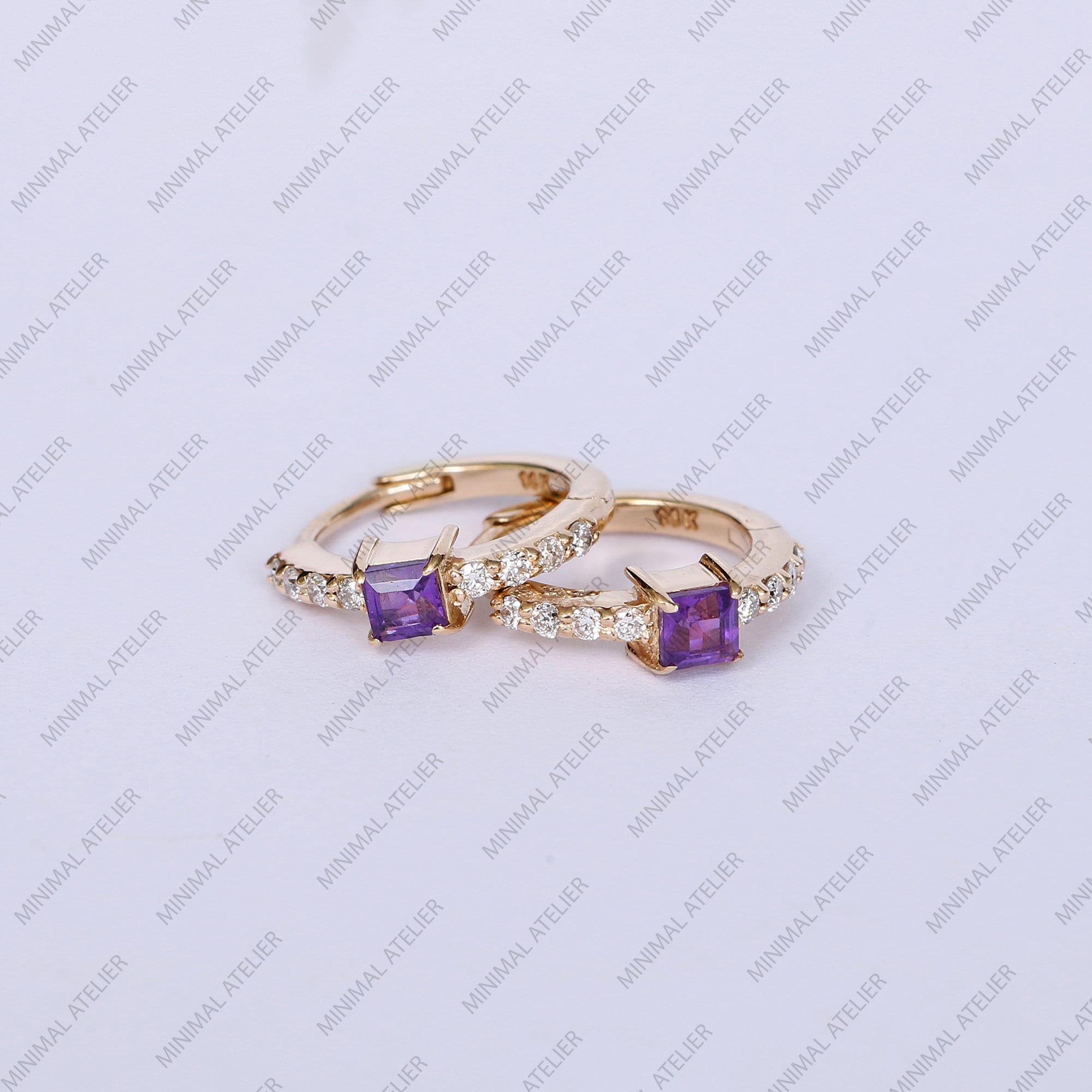 Lab Amethyst Princess Cut Huggie Hoop Earrings with Moissanite | February Birthstone