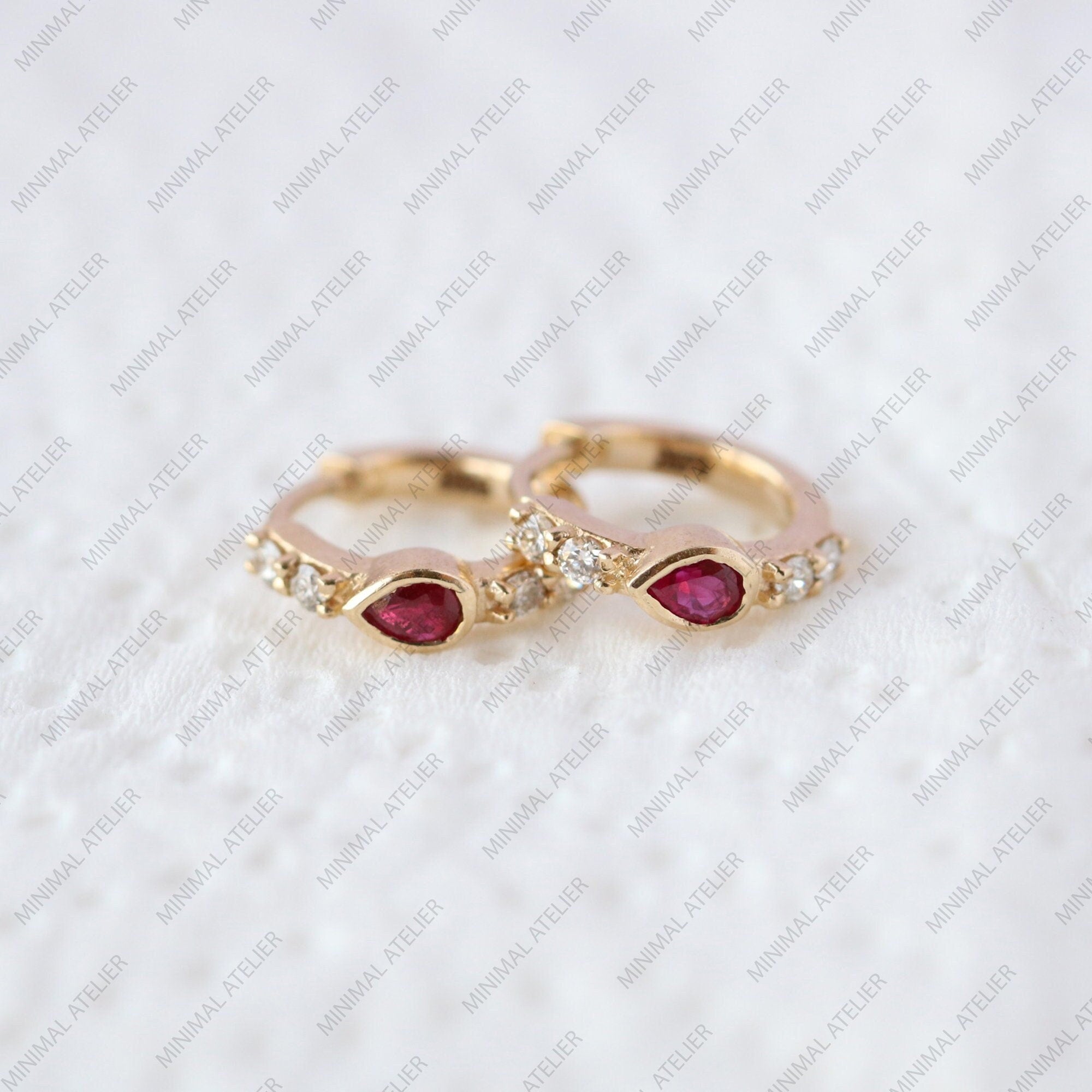 14k Gold Ruby Huggie Earrings
