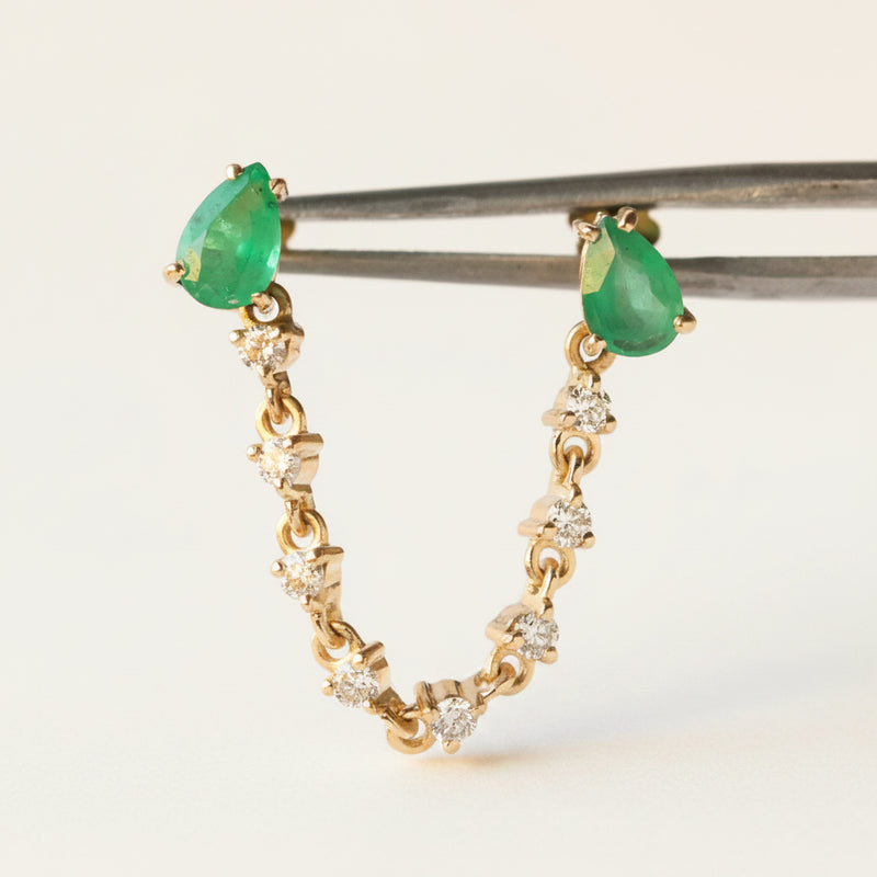 A pair of gold dangle earrings with green teardrop-shaped emerald-cut gemstones and a gold chain of clear cubic zirconia star-shaped accents, held by metal tweezers against a white background with a repeating watermark.