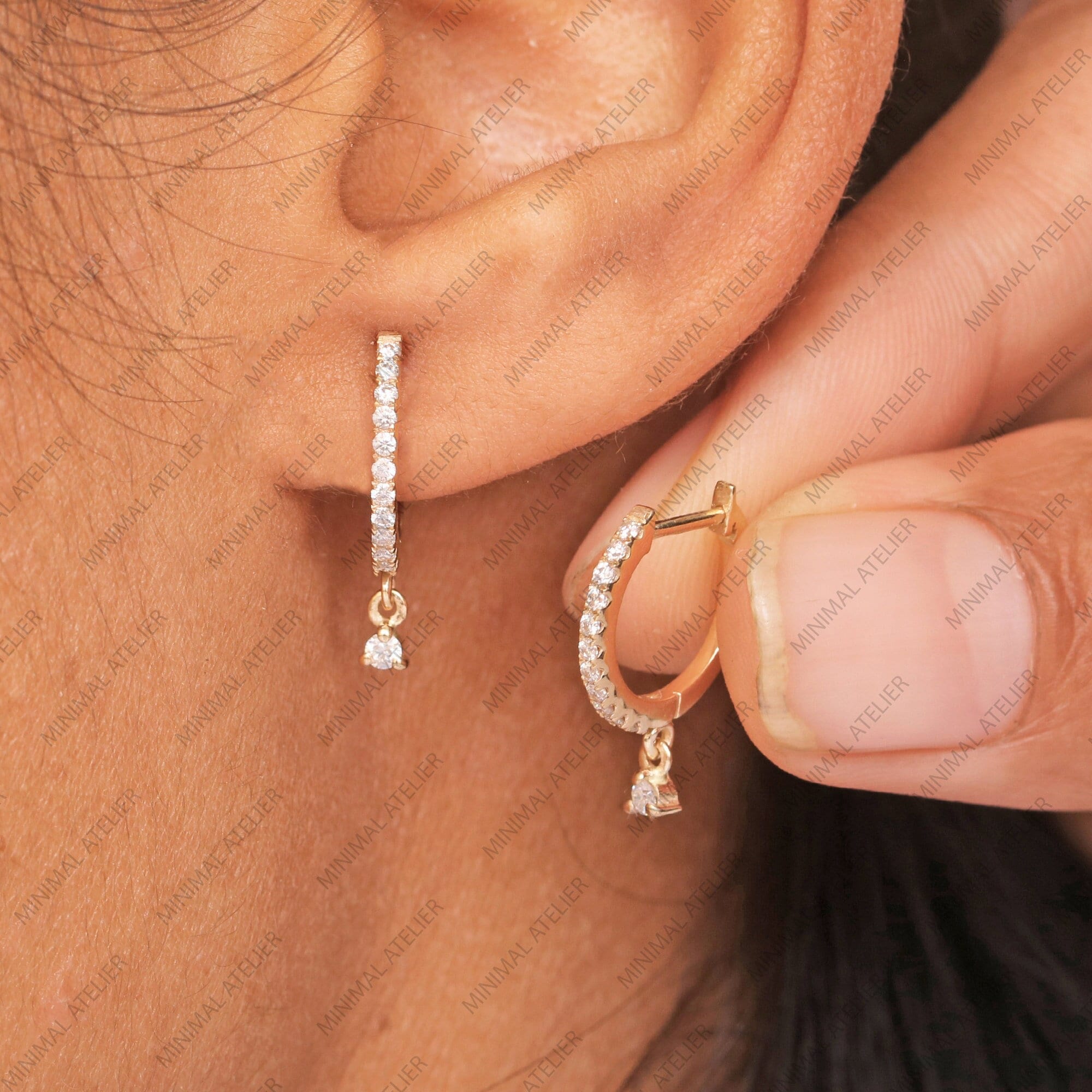 Lab Grown Diamond & Moissanite Drop Huggie Hoop Earrings | Round Cut | 925 Silver & Gold Plated