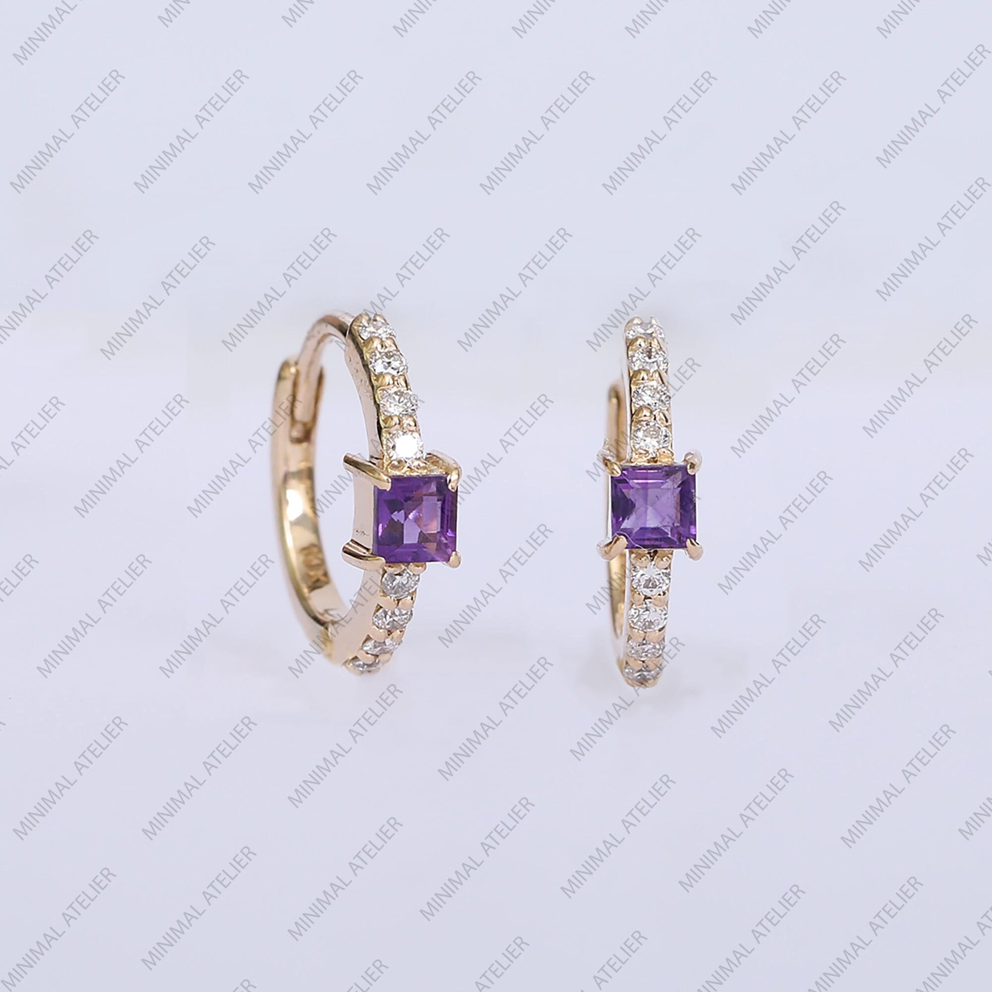 Lab Amethyst Princess Cut Huggie Hoop Earrings with Moissanite | February Birthstone