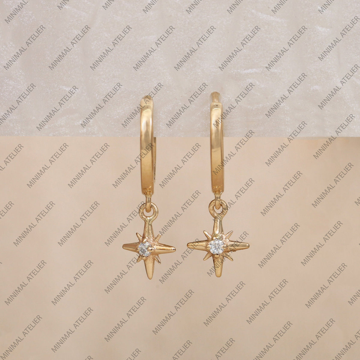 14K Solid Gold Star Drop Huggie Earrings