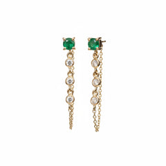 A pair of gold dangle earrings with round green emerald-cut stones at the top and a vertical line of clear cubic zirconia stones leading to a long chain, displayed on a beige and white textured background.