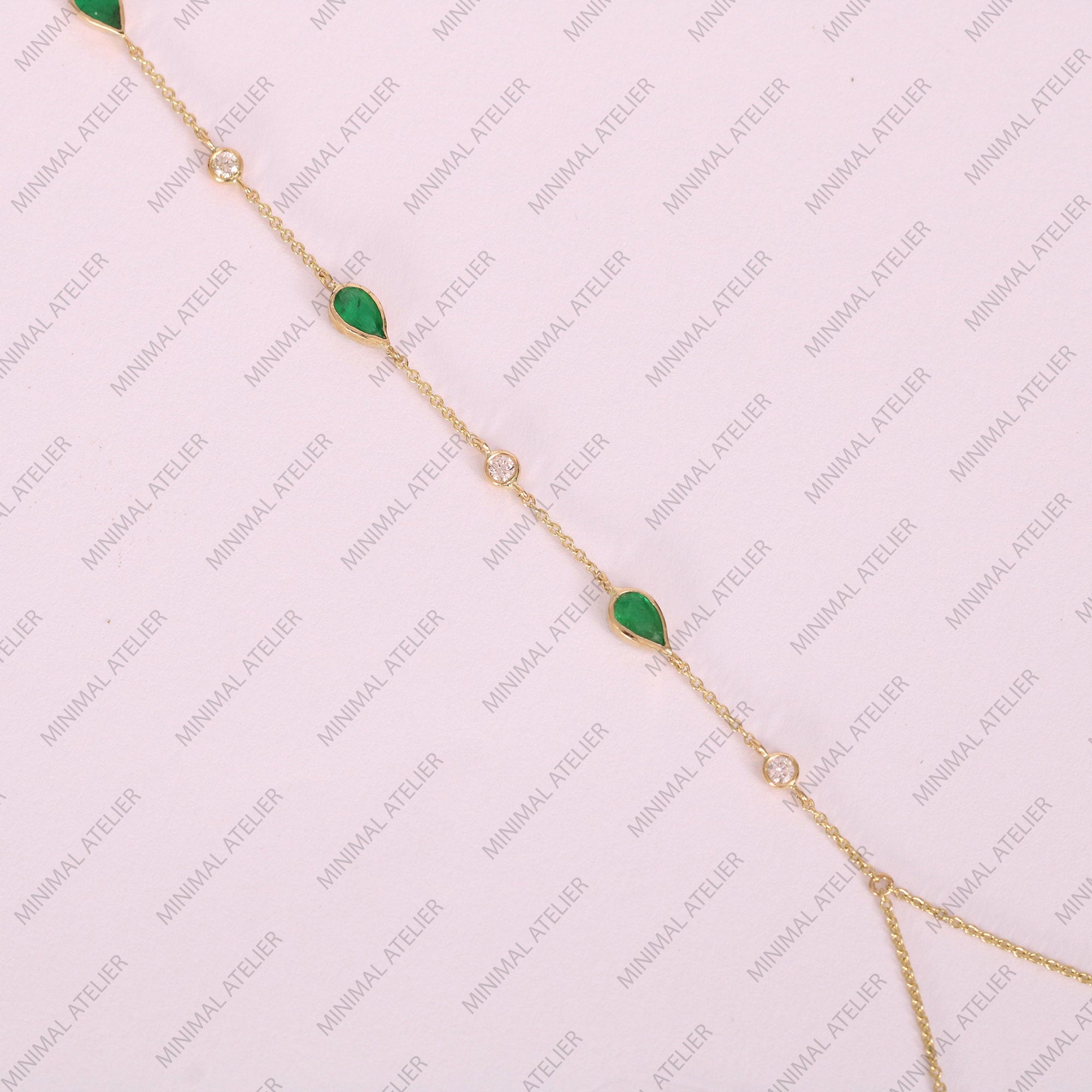 Lab Emerald Hand Chain Bracelet in Gold, Pear Cut Finger-to-Wrist Chain | May Birthstone Gift