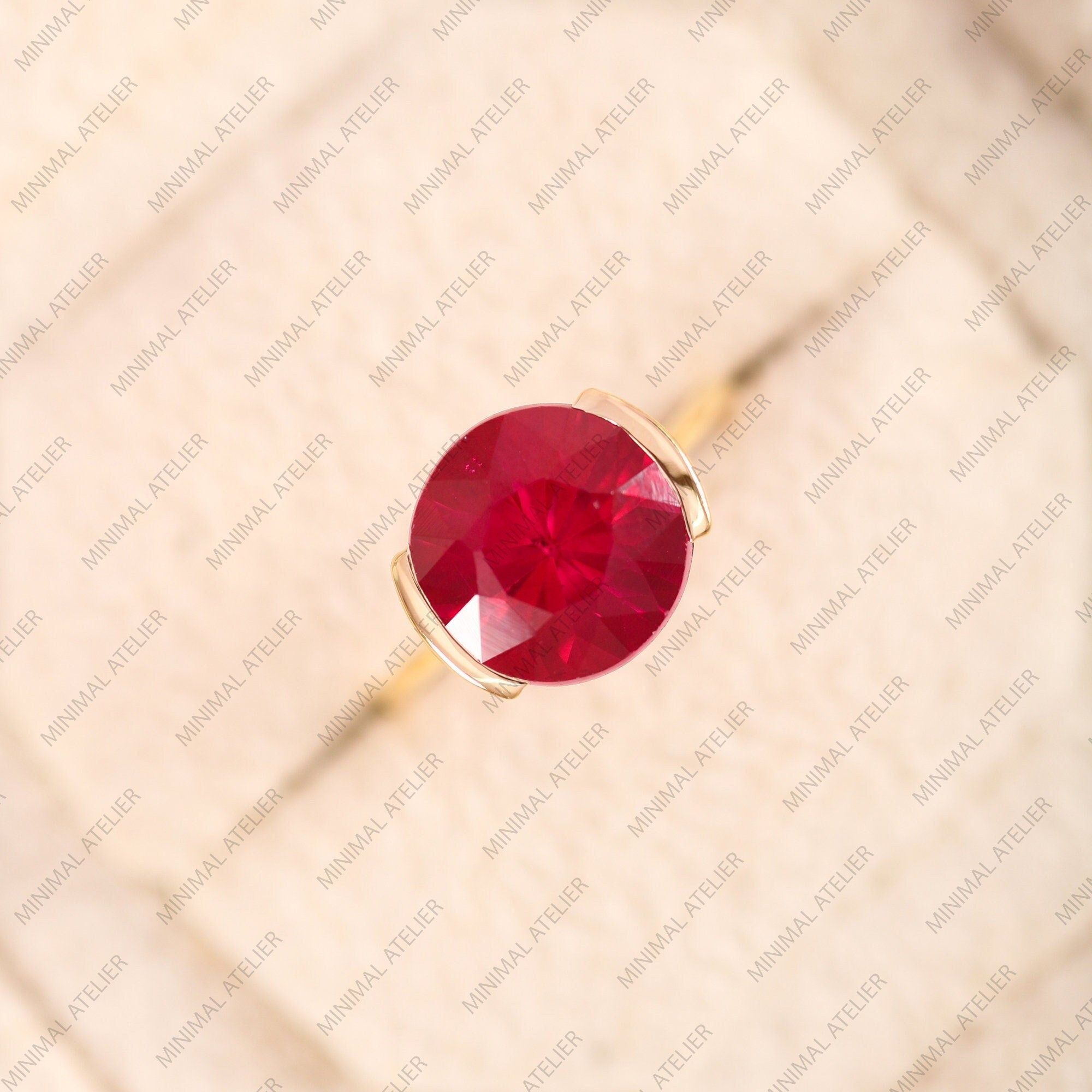 Lab Pink Ruby Half-Bezel Solitaire Stacking Ring in Gold or Silver, Minimalist July Birthstone Ring | Gift for Her