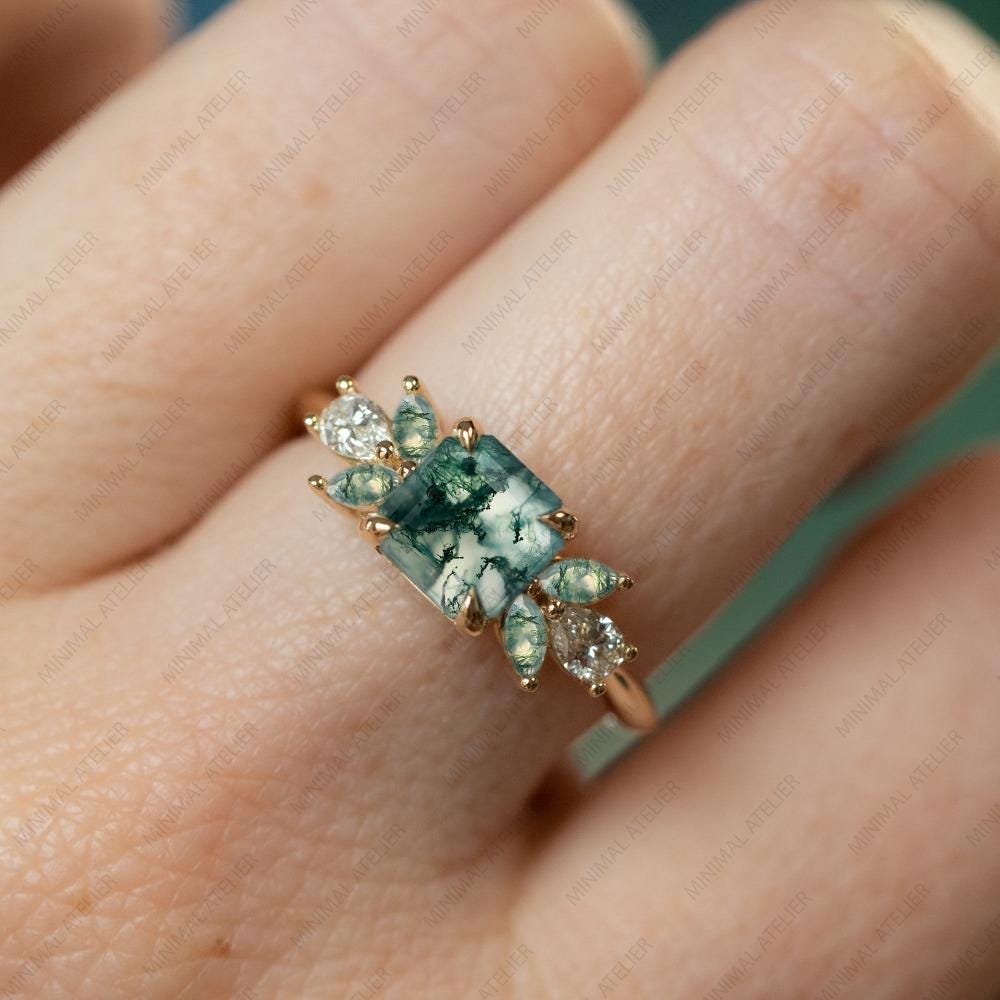 Octagon Moss Agate Engagement Ring