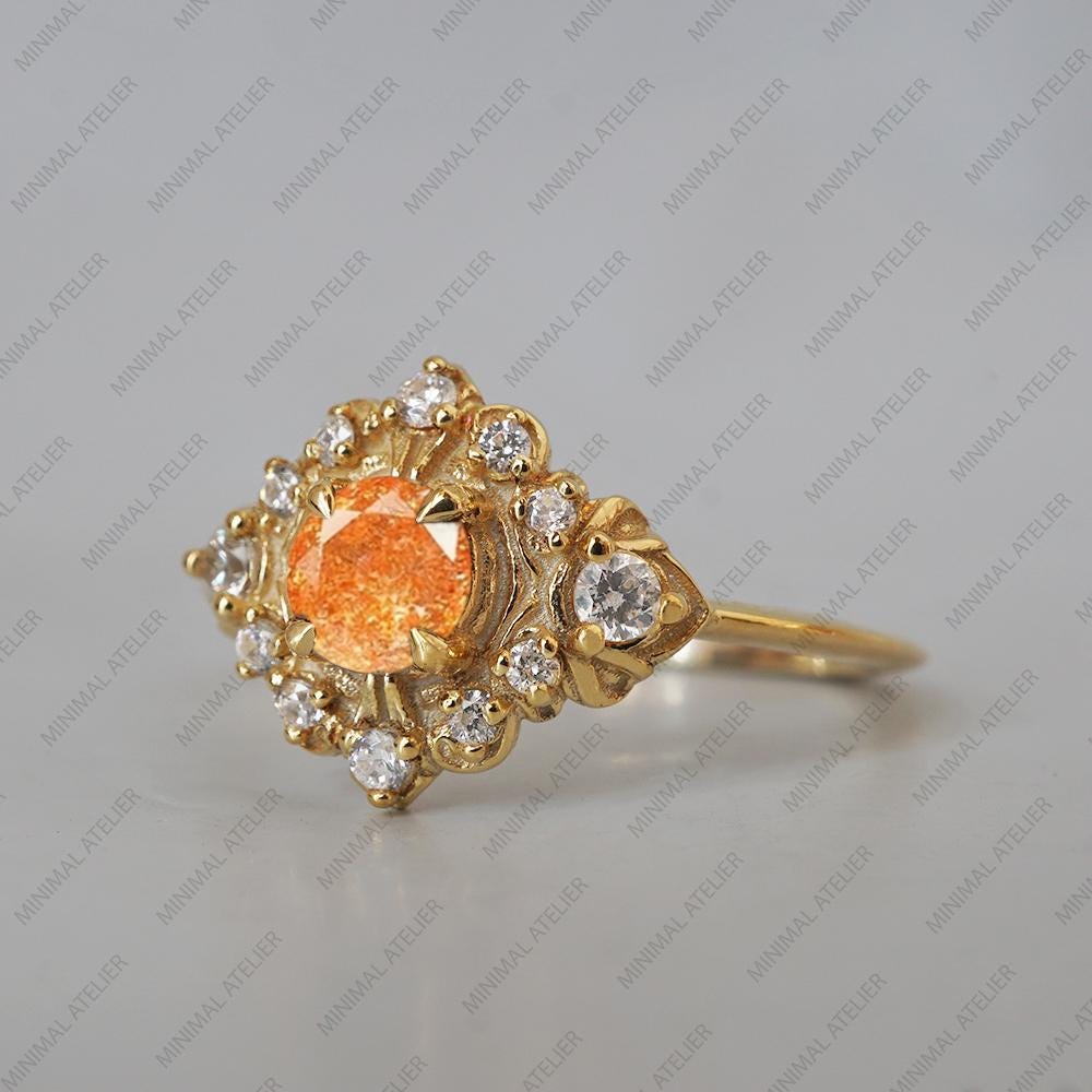 Orange Sunstone Statement Ring with Moissanite or CZ Halo in Gold or Silver, Cluster Cocktail Ring | Unique Gemstone Gift for Her