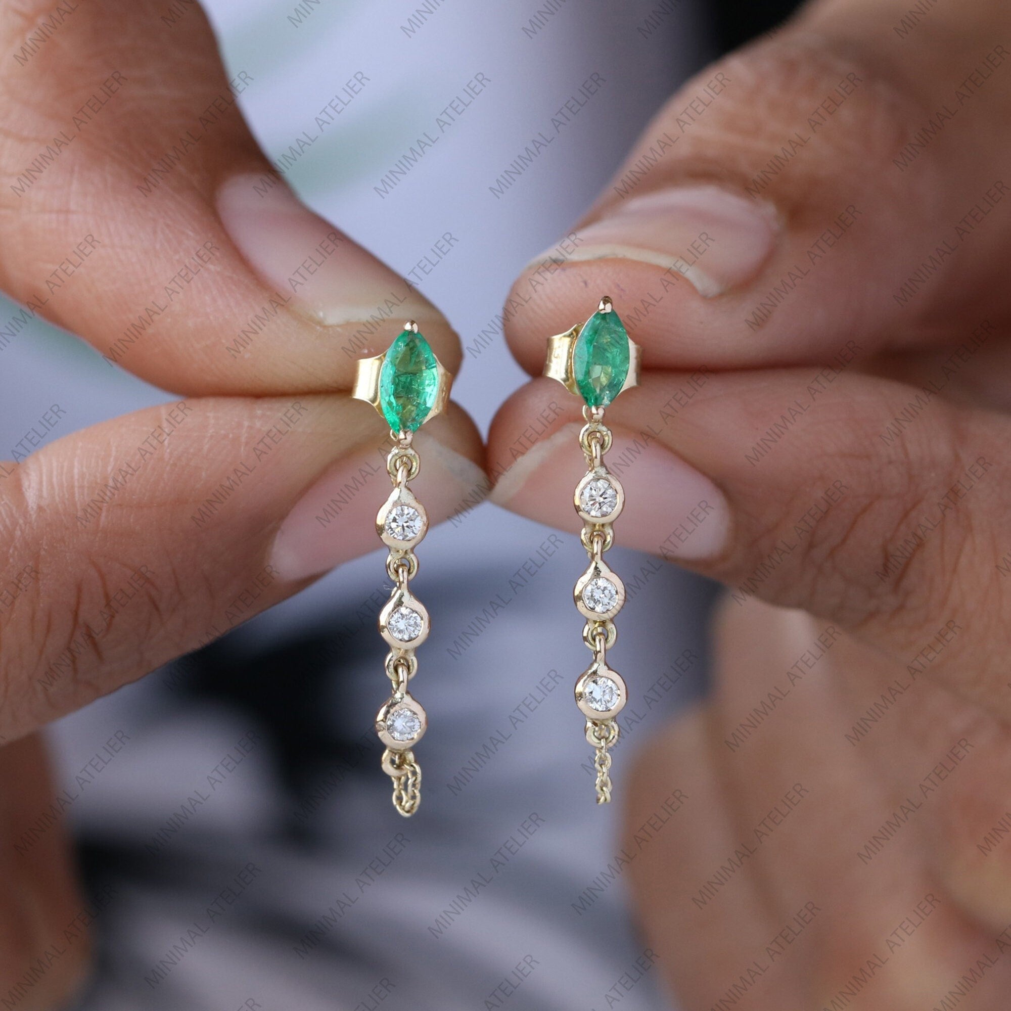 Marquise Lab Emerald Chain Earrings in Gold, Front-to-Back Loop Dangle | May Birthstone Gift